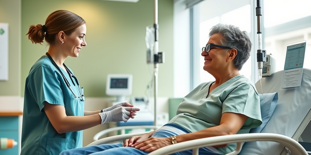 A nurse administers treatment to a patient in a serene infusion center dedicated to Multiple Myeloma care.  4.png