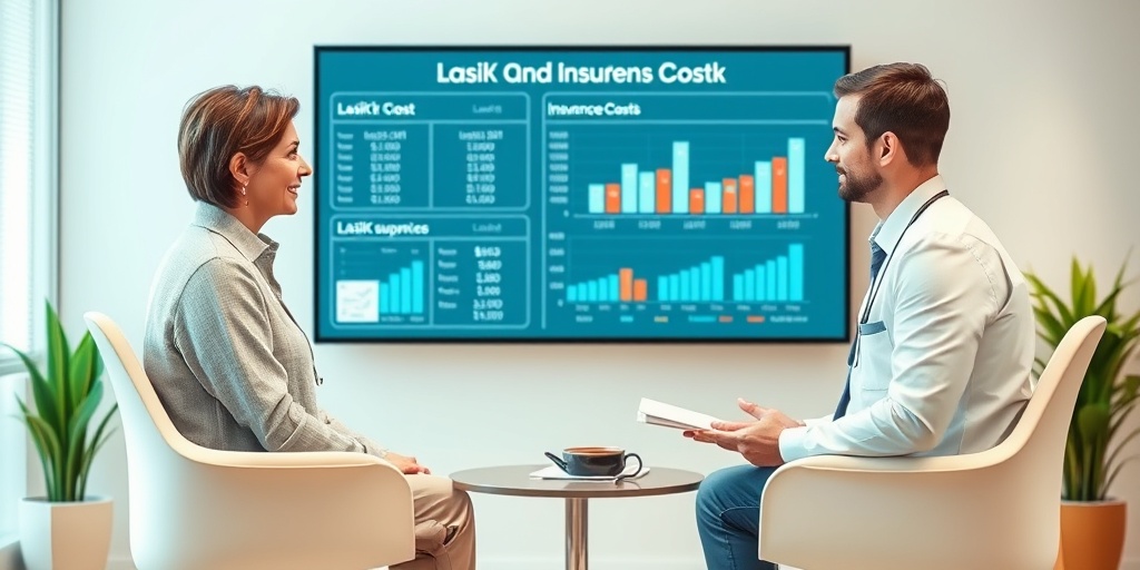 A patient discusses LASIK costs with a healthcare advisor, with charts and graphs displayed in a modern office setting.  5.png