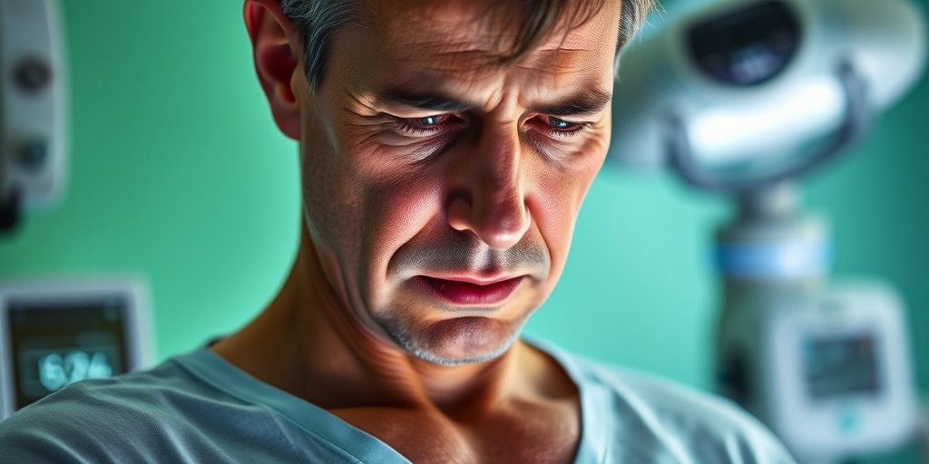 A patient in a clinical setting shows concern over lower back pain, surrounded by medical equipment and a healing green hue.2.png