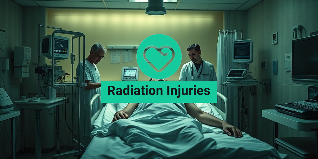 A patient lies in a hospital bed, receiving treatment for radiation injuries, surrounded by attentive healthcare professionals. • Yesil Health