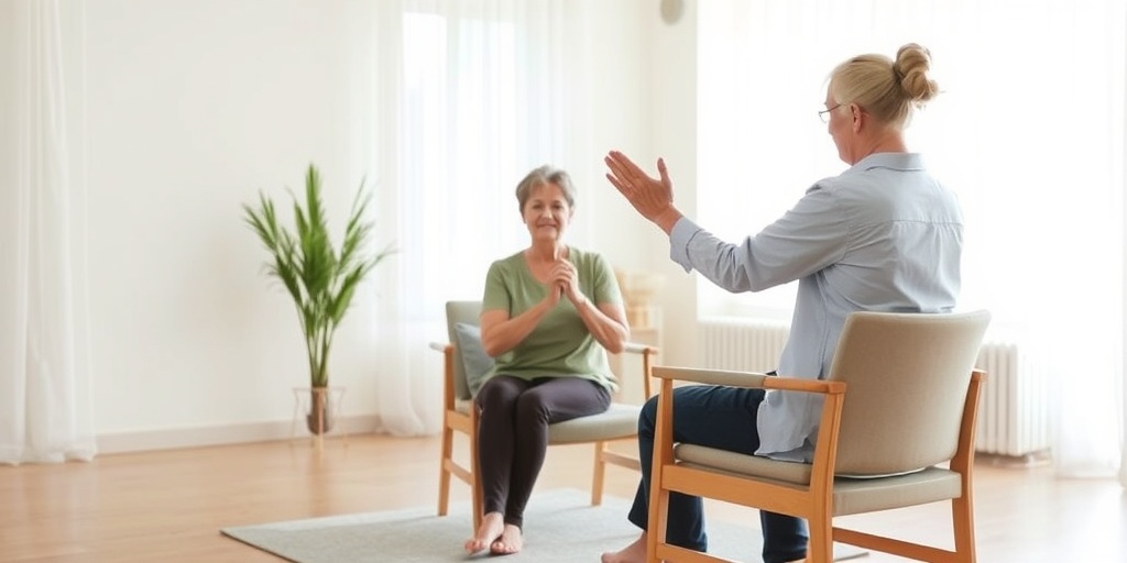 A patient receives therapy for tremors, practicing motor control exercises in a bright, supportive therapy room.  4.png