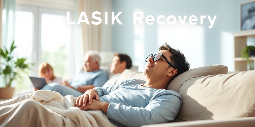 A patient recovering at home post-LASIK, surrounded by family in a warm, well-lit living room, wearing protective eyewear.  4.png