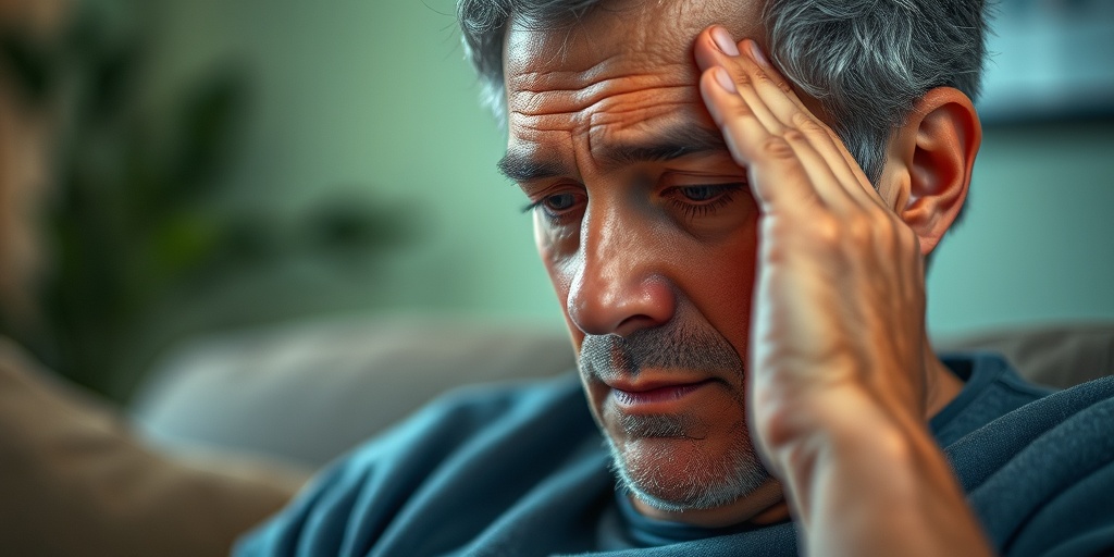 A patient reflects on symptoms of Astrocytoma in a cozy living room, surrounded by tranquil greens and blues for emotional depth.3.png