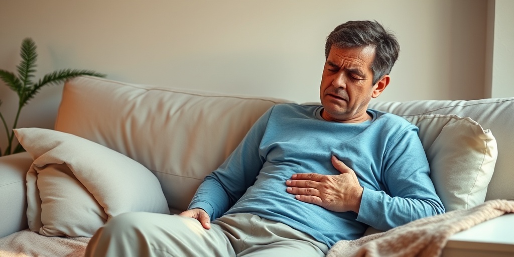 A patient sits on a couch, visibly in pain, surrounded by a warm blanket and a glass of water.  2.png
