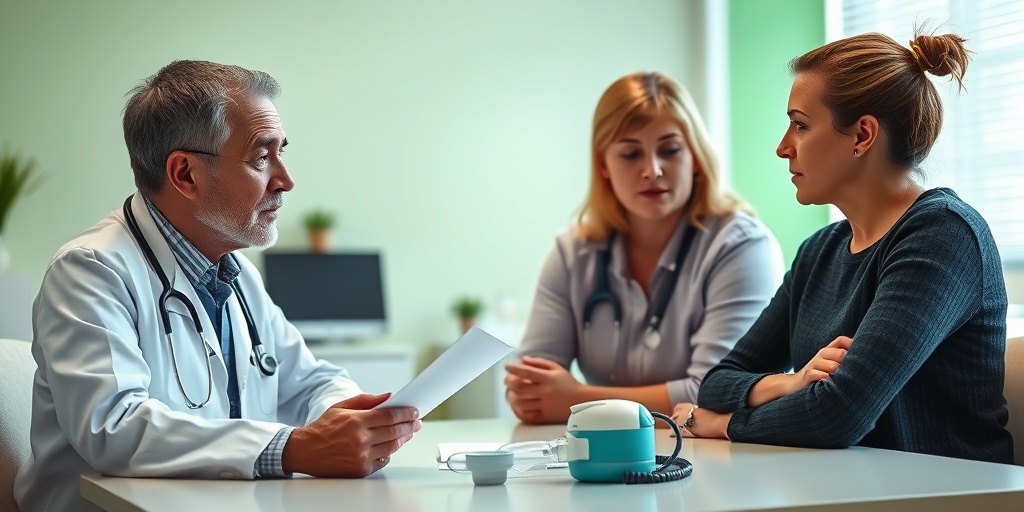 A pediatrician consults a concerned parent in a calming clinic, emphasizing communication about croup treatment options.  4.png