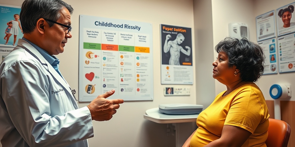 A pediatrician discussing childhood obesity risks with a concerned parent in a warmly lit office.  3.png