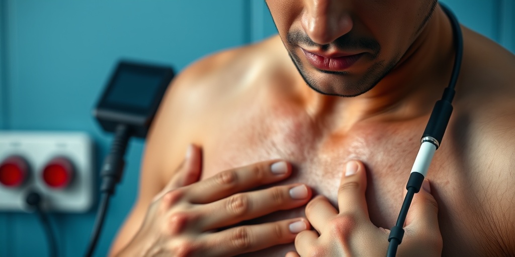 A person in a clinical setting shows anxiety and rapid heartbeat symptoms, holding their chest with medical equipment nearby.  2.png