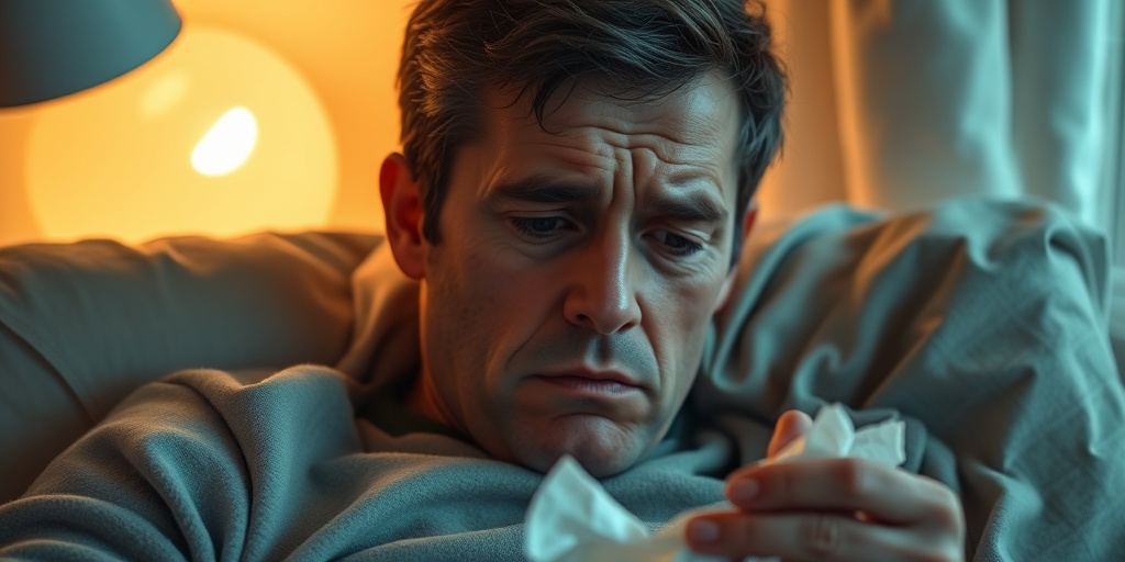 A person in a cozy room, showing symptoms of Bird Flu, surrounded by tissues and a thermometer, conveying discomfort.  2.png