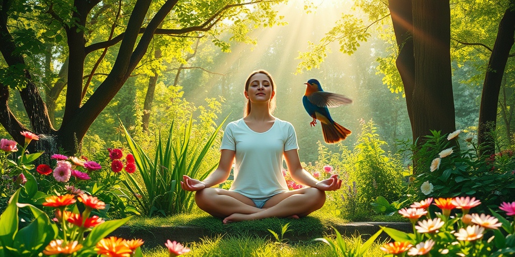 A person meditates in a vibrant garden, illuminated by sunlight, embodying rejuvenation and emotional well-being amidst nature.  2.png