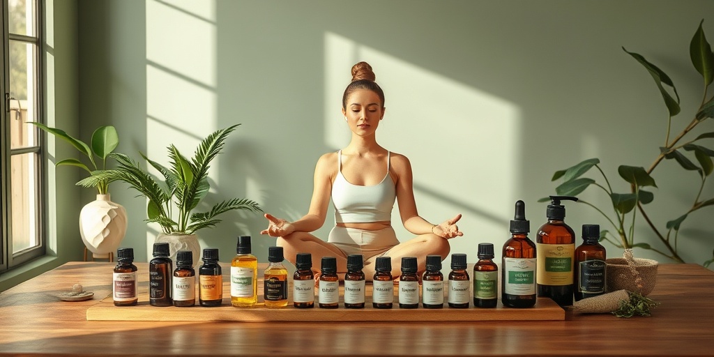 A person meditates peacefully among essential oils, embodying the rejuvenating effects of aromatherapy in a harmonious space.  2.png