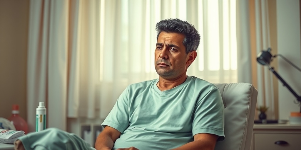 A person seated with a concerned expression, surrounded by medical supplies, illustrating Chikungunya symptoms like joint pain and fever. 2.png