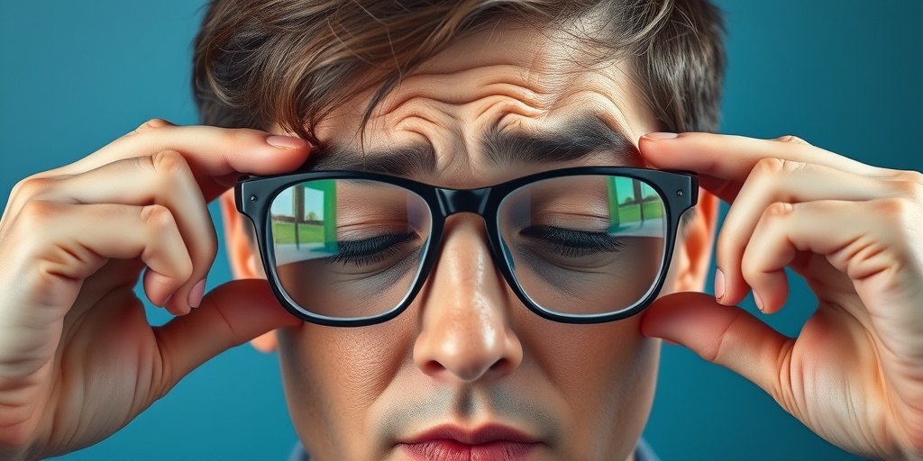 A person squinting in discomfort, reflecting the emotional struggle of keratoconus, set against a subtle blue backdrop.  2.png