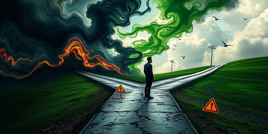 A person stands at a crossroads, facing chaotic dark colors on one path and calm greens on the other, symbolizing choices.  3.png