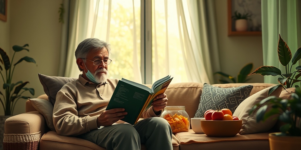 A person with TB engages in self-care at home, surrounded by soft green accents, promoting tranquility and resilience. 5.png