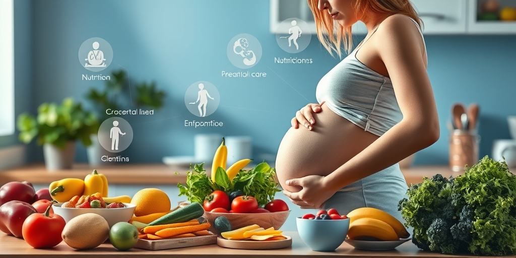 A pregnant woman cooks a healthy meal in a kitchen, emphasizing nutrition's role in fetal development with fresh produce.  4.png