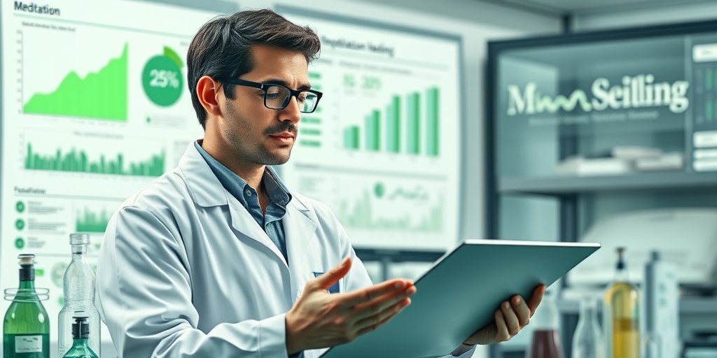 A researcher analyzes meditation data in a modern lab, blending science and spirituality to explore healing effects.  5.png