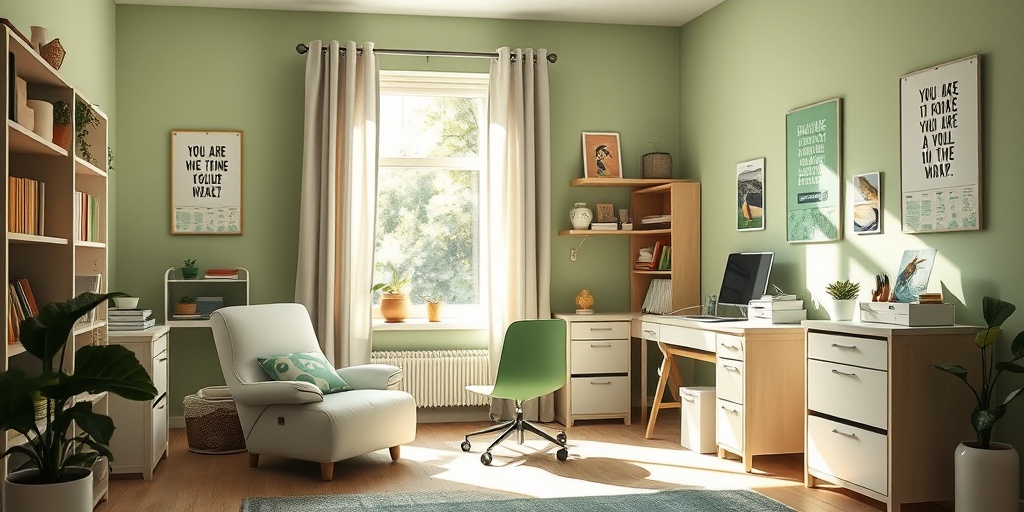 A serene study area for a child with ADHD features calming colors, organized materials, and natural light streaming in.  3.png