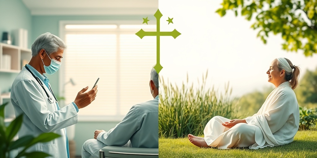 A split scene contrasts traditional medicine with spiritual healing, highlighting the harmony between clinical and natural approaches.  3.png