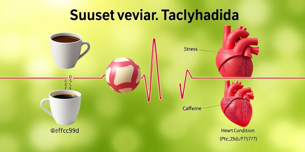 A split-screen illustration depicts causes of Supraventricular Tachycardia, featuring symbols like a coffee cup and stress ball.  3.png
