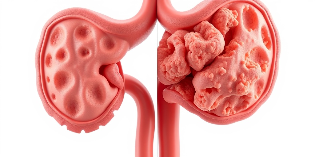 A split-screen image contrasts healthy pancreatic tissue with cancerous changes, illustrating the causes of pancreatic cancer. 3.png