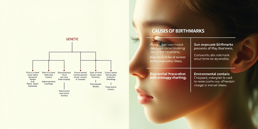 A split-screen image illustrates genetic and environmental causes of birthmarks, set against creamy whites and soft green hues.  3.png