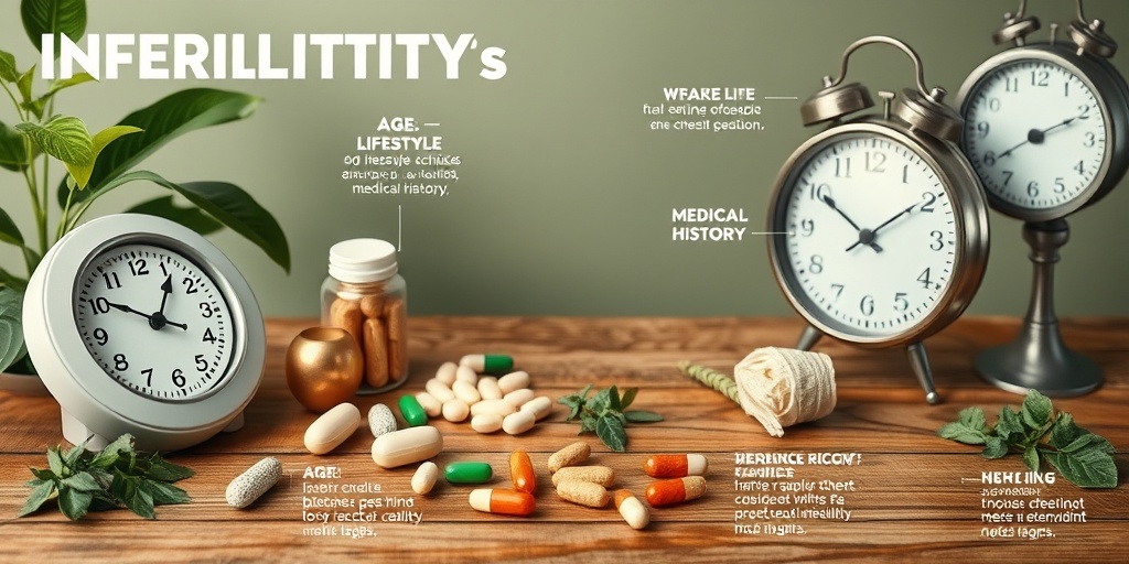 A table displays health items like vitamins and a clock, illustrating various infertility risk factors in a balanced setting.  3.png