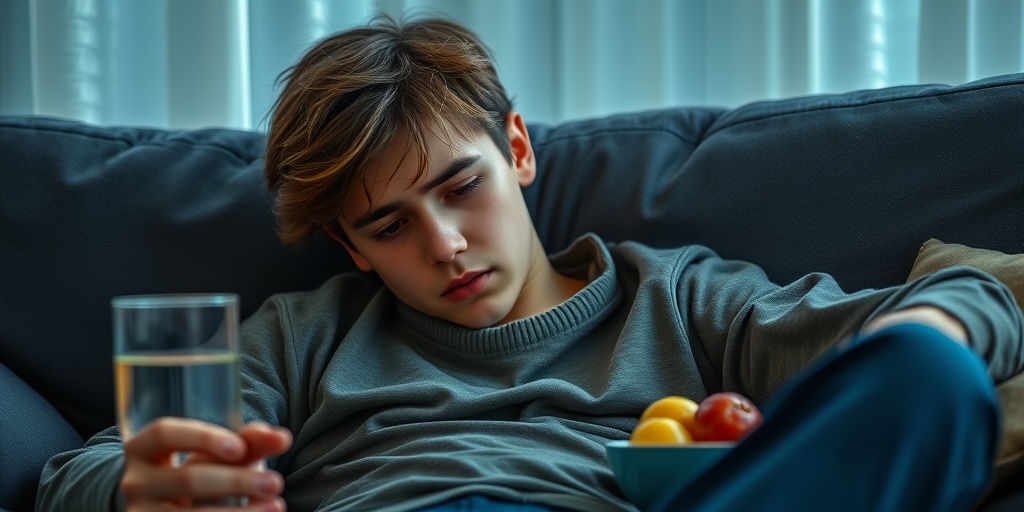 A tired teenager with Type 1 Diabetes sits on a couch, holding a glass of water and a bowl of fruit nearby.  2.png