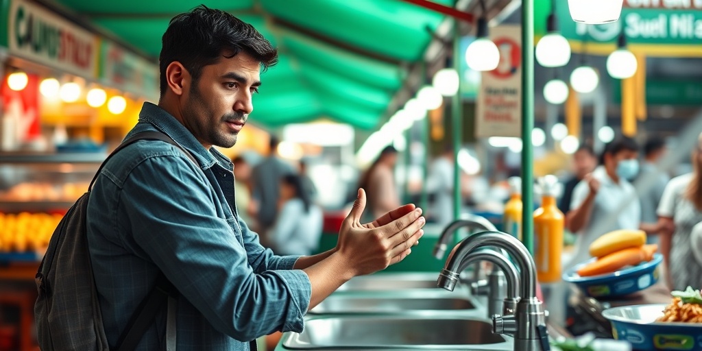 A traveler washes their hands at a public sink in a colorful market, promoting hygiene and safety before eating.5.png