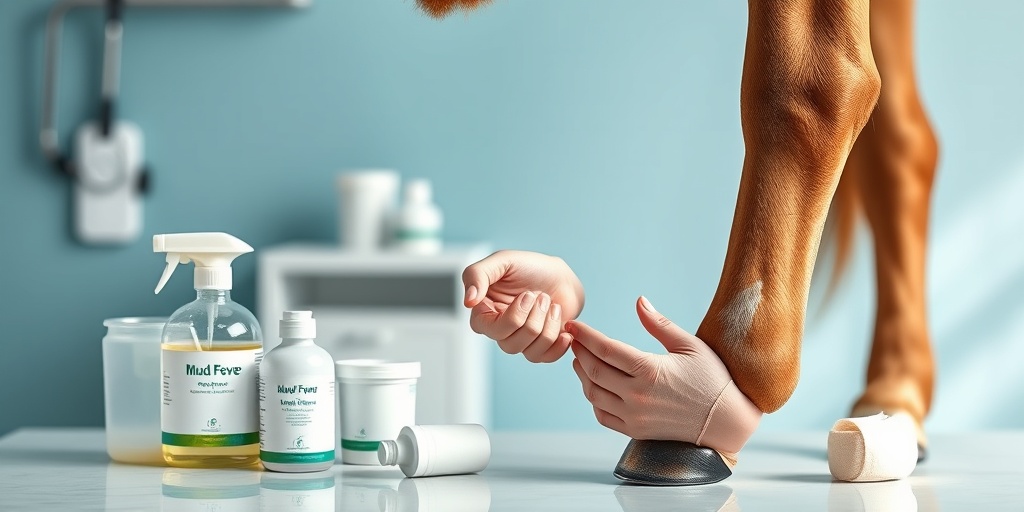 A vet applies soothing ointment to a horse's leg affected by Mud Fever, surrounded by treatment supplies in a bright clinic.4.png