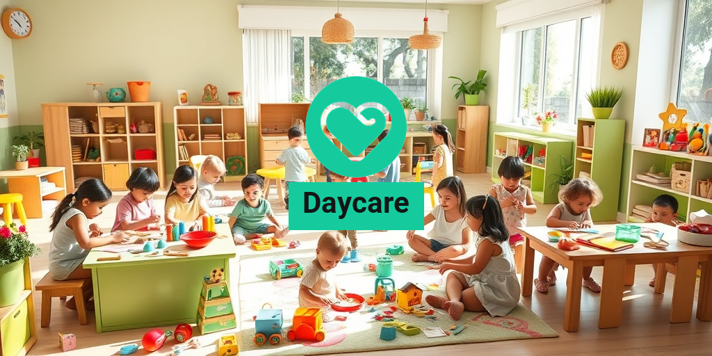 A vibrant daycare filled with diverse children engaged in playful learning activities, surrounded by colorful educational toys. β’ Yesil Health AI