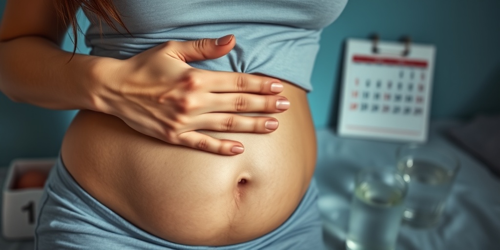 A woman's hand rests on her abdomen, with a calendar and glass of water, highlighting her emotional journey through infertility.  2.png
