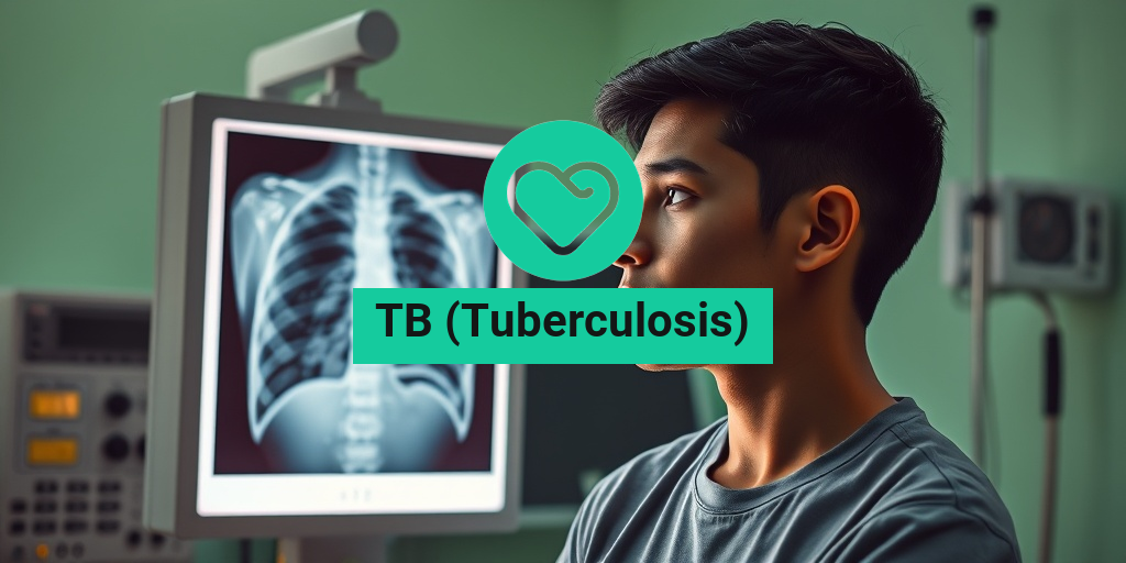 A young adult contemplates their chest X-ray in a clinical setting, with TB bacteria overlay and soft green background. • Yesil Health AI