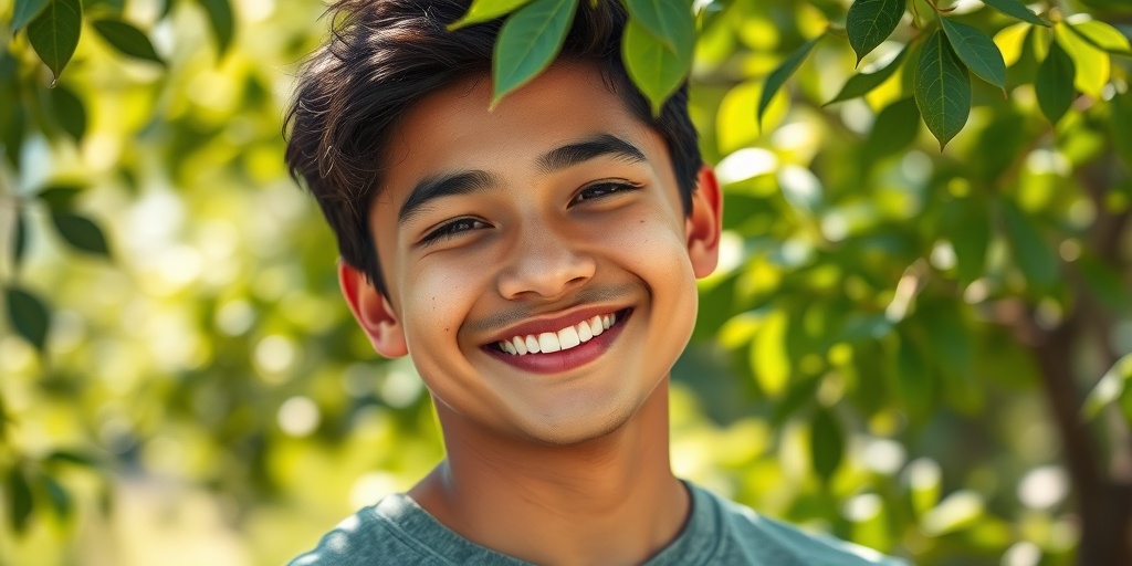 A young adult embraces their birthmarks outdoors, smiling amidst greenery and soft sunlight, promoting joy and self-acceptance.  5.png