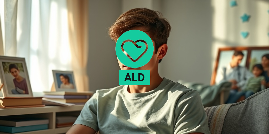 A young adult with ALD sits in a softly lit room, surrounded by supportive family photographs and medical books. • Yesil Health AI