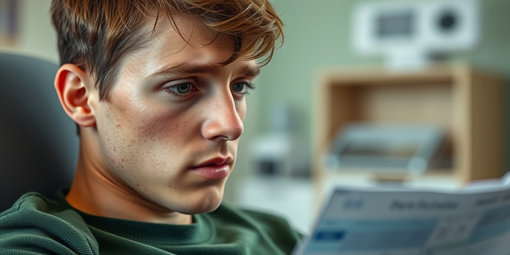 A young adult with PKU shows concern while reviewing a medical chart in a clinical setting.2.png