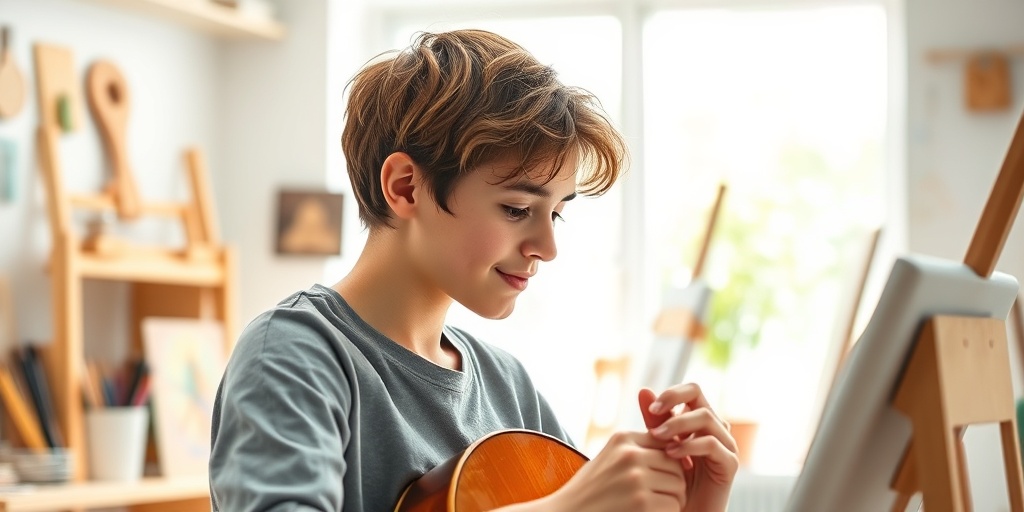 A young adult with Pfeiffer Syndrome joyfully painting in a bright studio, surrounded by art supplies and uplifting colors.  5.png