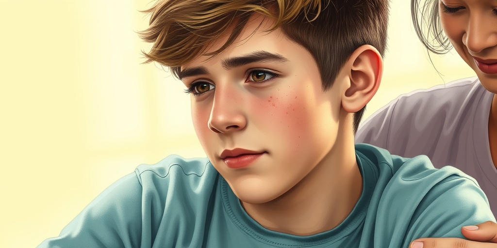 A young adult with muscular dystrophy is supported by family, showcasing muscle weakness against a backdrop of growth and resilience.3.png