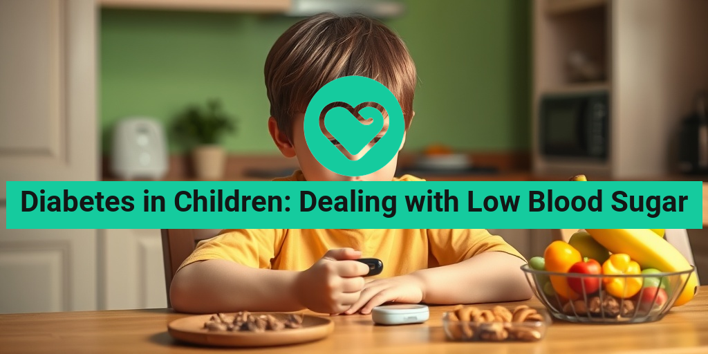A young child checks their blood sugar at a kitchen table, surrounded by healthy snacks and a calming green backdrop. β’ Yesil Health AI