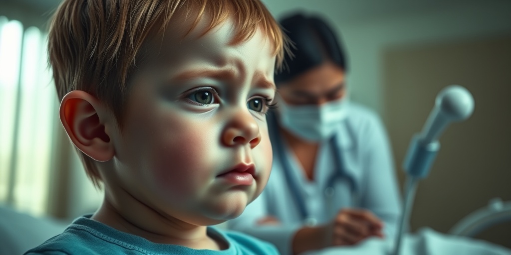A young child with a high fever, showing sensitivity to light, in a softly blurred hospital room.  2.png
