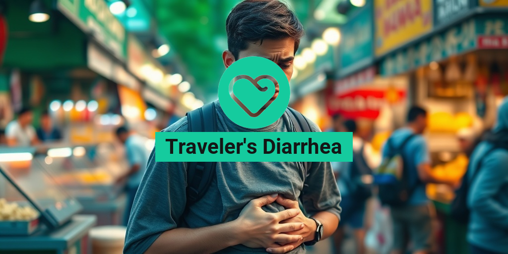 A young traveler clutches their stomach, visibly uncomfortable amidst vibrant street food stalls in a bustling market. • Yesil Health AI
