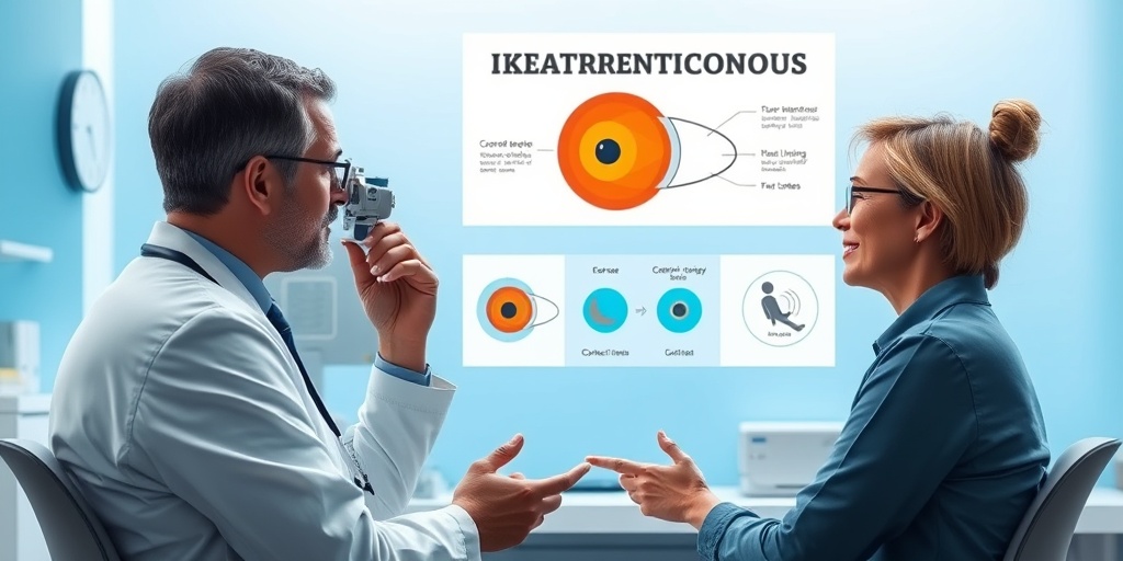 An eye doctor explaining keratoconus treatments to a patient, with diagrams in a bright, inviting ophthalmology clinic.  4.png
