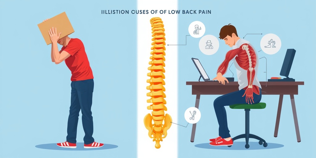An illustration shows improper lifting and poor posture as common low back pain causes, with anatomical diagrams for context. 2.png