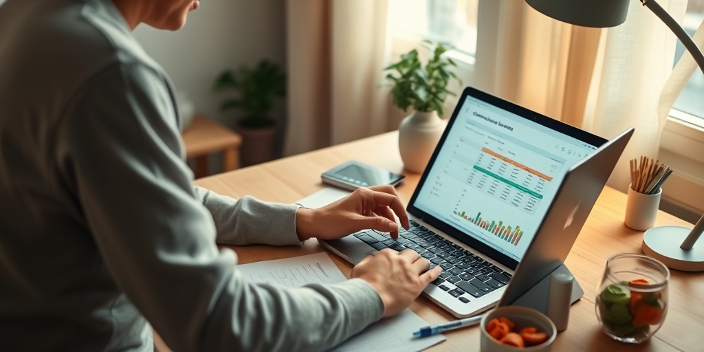 An individual calculates carbohydrate intake in a serene home office, surrounded by healthy snacks and diabetes management tools.  4.png