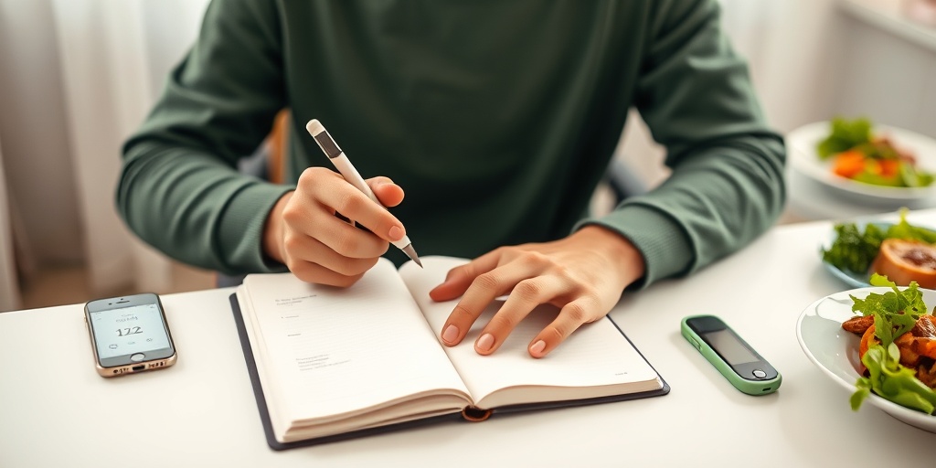 An individual records blood sugar levels in a journal, with a smartphone and balanced meal, in a serene, organized setting.  3.png
