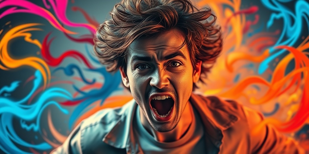 An individual strikes an energetic pose, surrounded by vibrant colors that express excitement and anxiety during a manic episode.  2.png