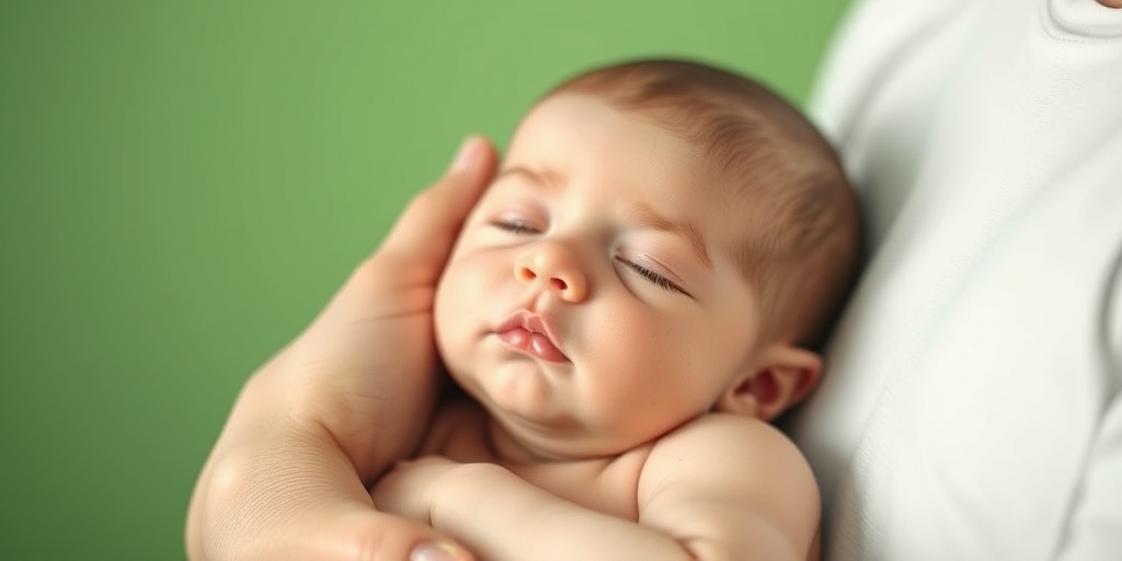 An infant with cystic hygroma cradled in a parent's arms, displaying a serene expression in a nurturing green setting.  4.png