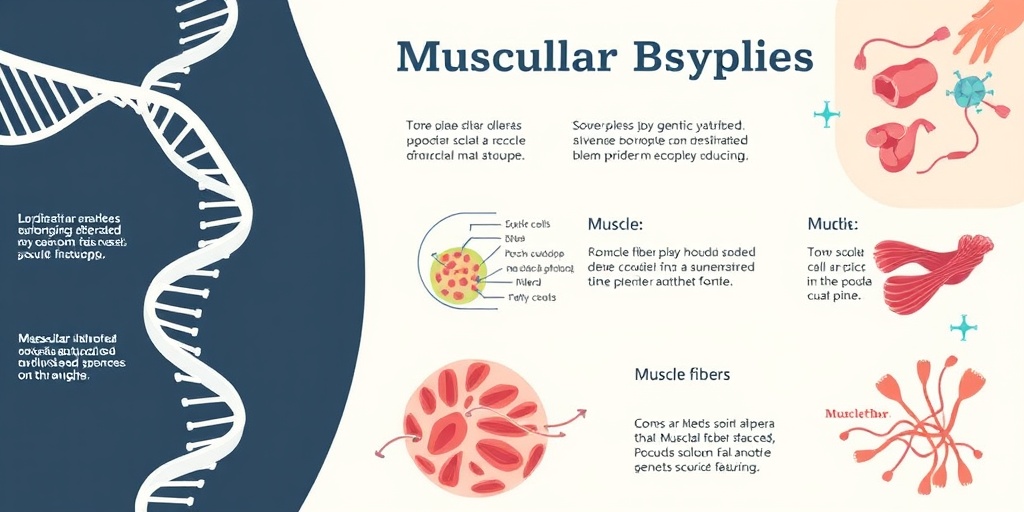 An infographic illustrates muscular dystrophy causes with DNA strands and muscle fibers, using a professional color scheme for clarity.4.png
