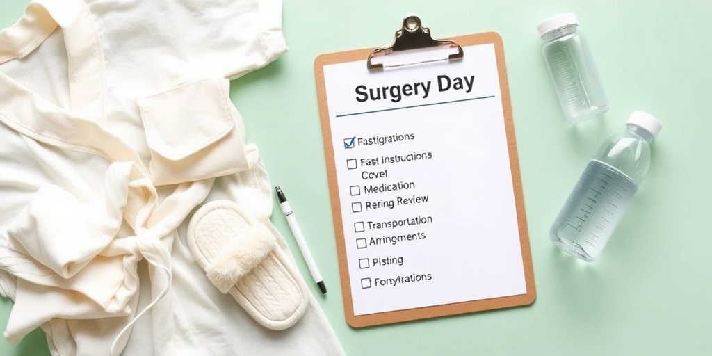 An organized surgery day checklist on a clipboard, surrounded by essential items, emphasizing preparedness for surgery.3.png