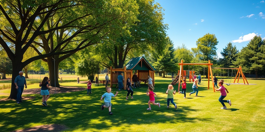 Children play energetically on swings and climbing structures in a vibrant outdoor playground, encouraged by their supportive parents.  4.png