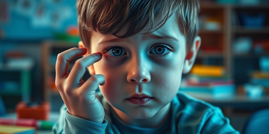 Close-up of a child's face shows ADHD symptoms, with fidgeting hands and a distracted gaze in a classroom setting.  2.png